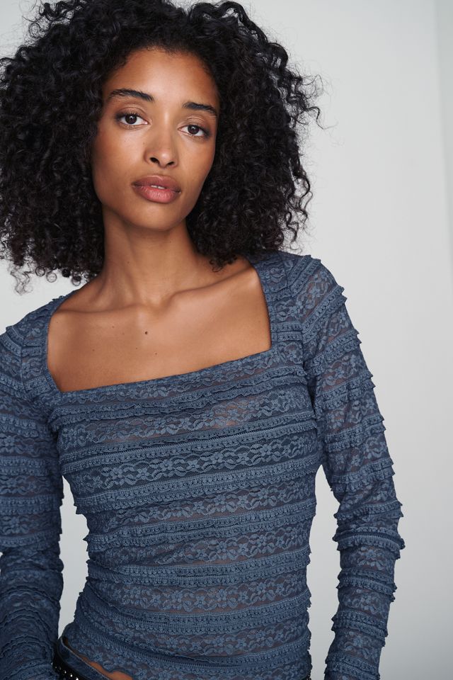 By Anthropologie Square-Neck Lace Long-Sleeve Top #3
