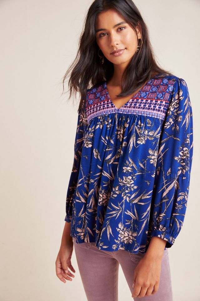 Indigo Floral Peasant Top #2