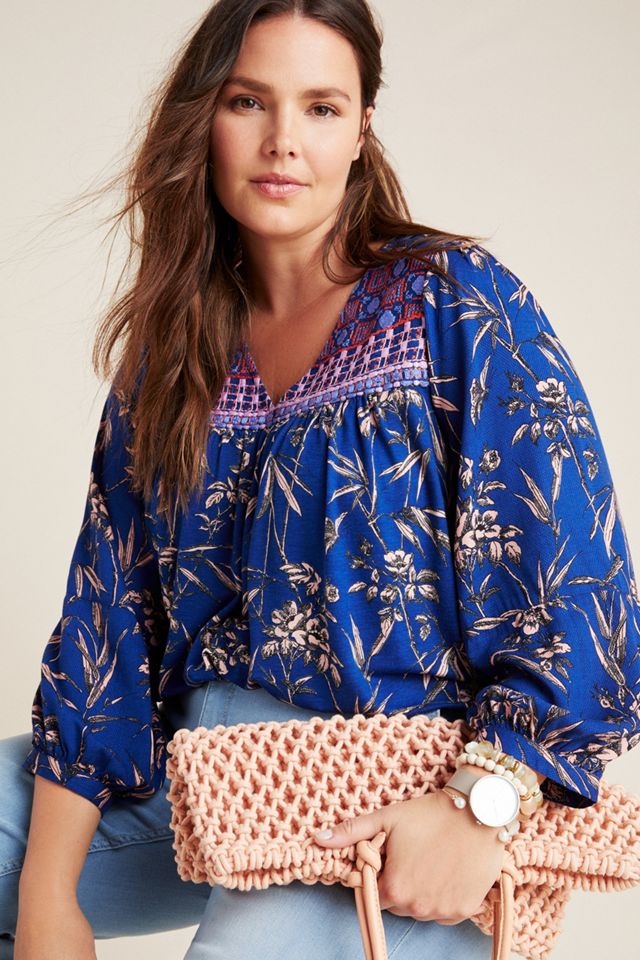 Indigo Floral Peasant Top #4