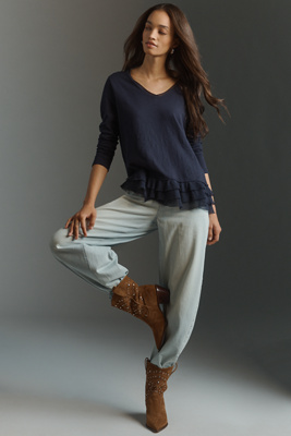 Wilt Long-sleeve V-neck Mixed Media Top In Blue