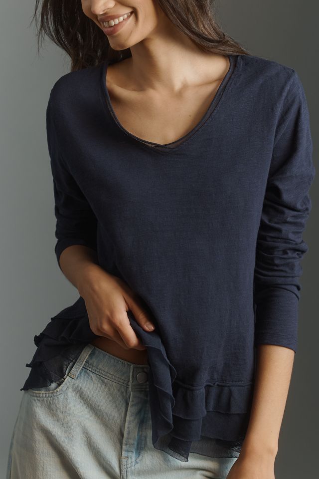 Wilt Long-Sleeve V-Neck Mixed Media Top #1