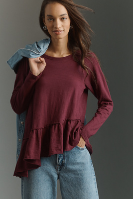 Wilt Long-sleeve Raglan Asymmetric Top In Burgundy