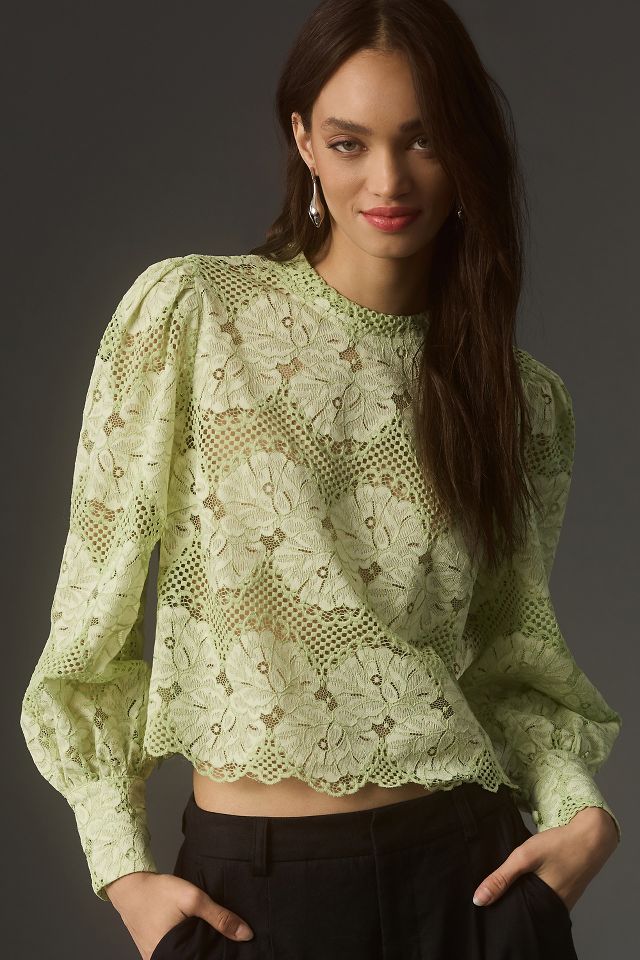 Long-Sleeve Lace Top with Mock Neckline, Regular