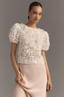 Puff-Sleeve 3D Floral Top