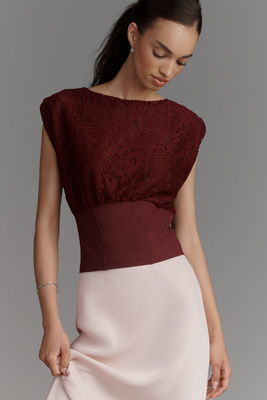 Dolan Left Coast Boat-neck Cinched Lace Top In Burgundy