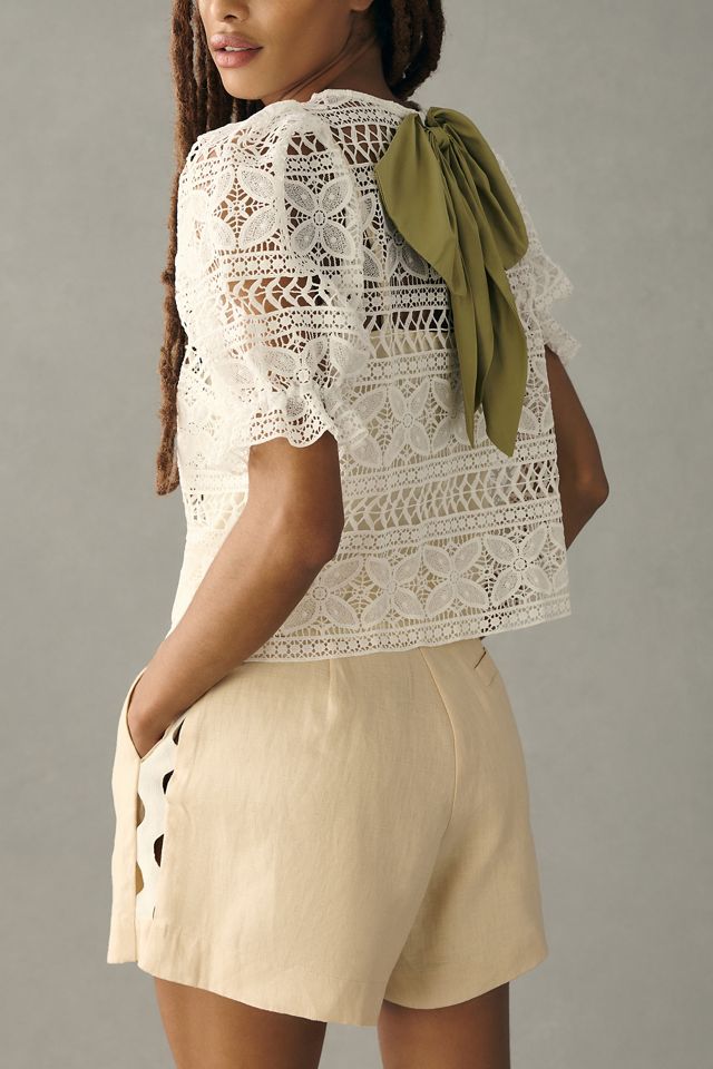 DOLAN Puff-Sleeve Lace Bow Top #1