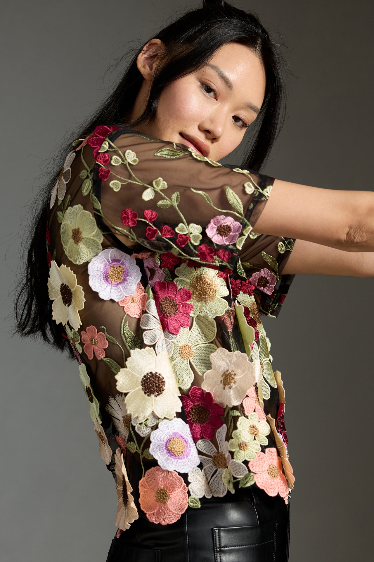 Dolan Left Coast Flower Appliqué Sheer Tee