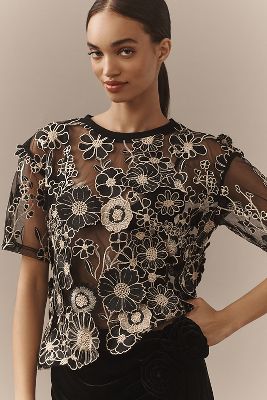 Flower Appliqué Sheer Tee