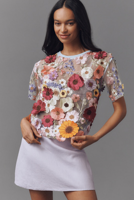 anthropologie Dolan Left Coast Flower Appliqué Sheer Tee Blue Multi Floral