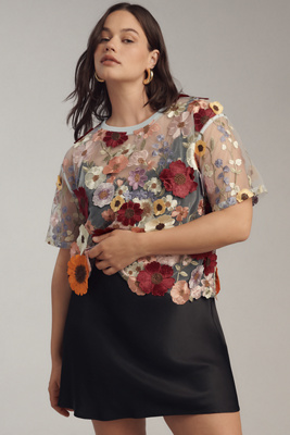 DOLAN LEFT COAST FLOWER APPLIQUÉ SHEER TEE 