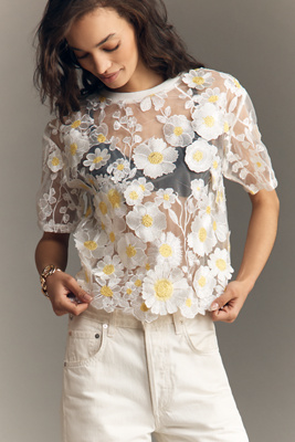Dolan Left Coast Flower Appliqué Sheer Tee | Anthropologie