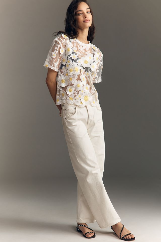 Dolan Left Coast Flower Appliqué Sheer Tee | Anthropologie