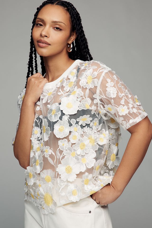 Dolan Left Coast Flower Appliqué Sheer Tee | Anthropologie