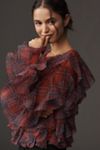 Dolan Left Coast Ruffle Plaid Crew-Neck Blouse