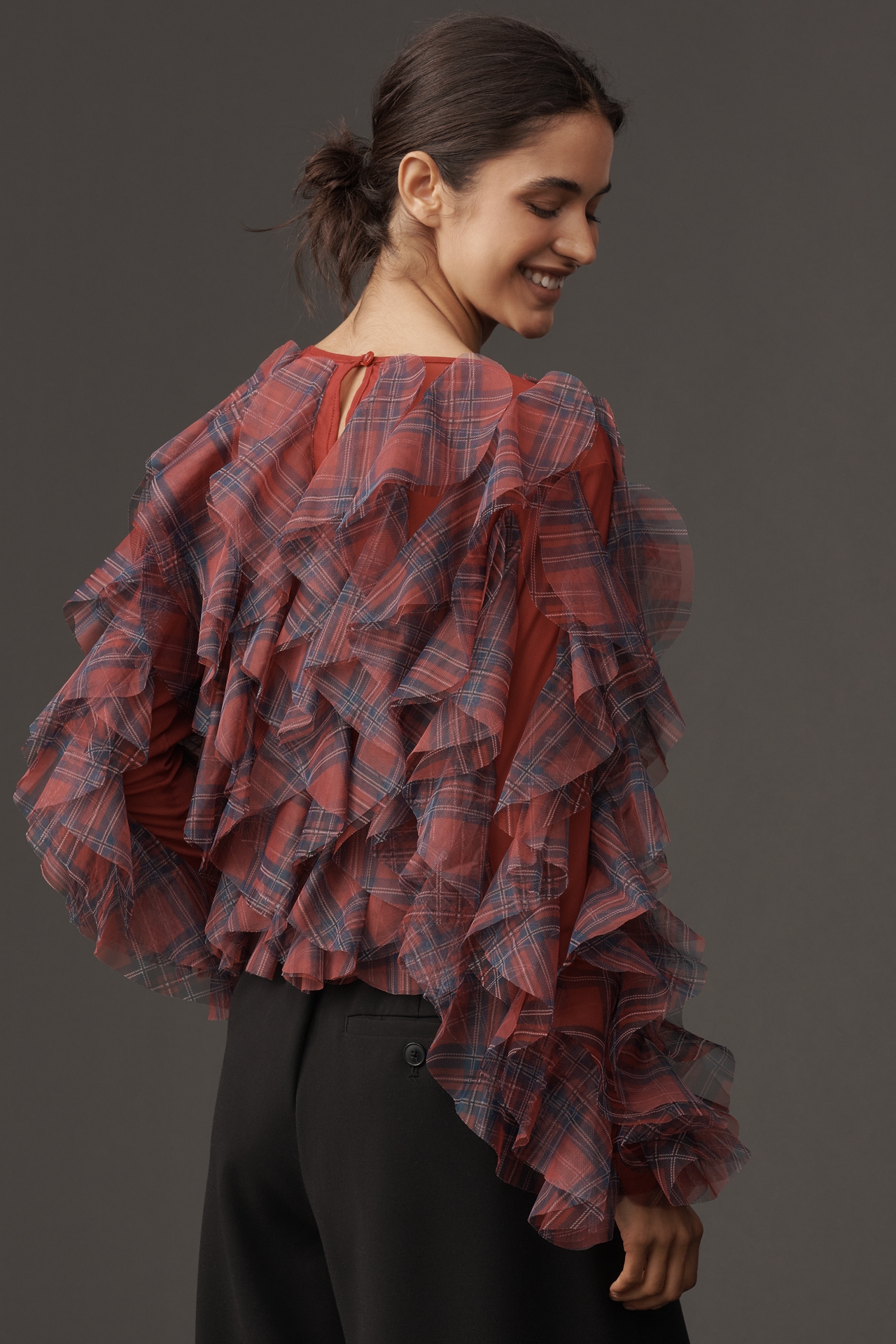 Dolan Left Coast Ruffle Plaid Crew-Neck Blouse