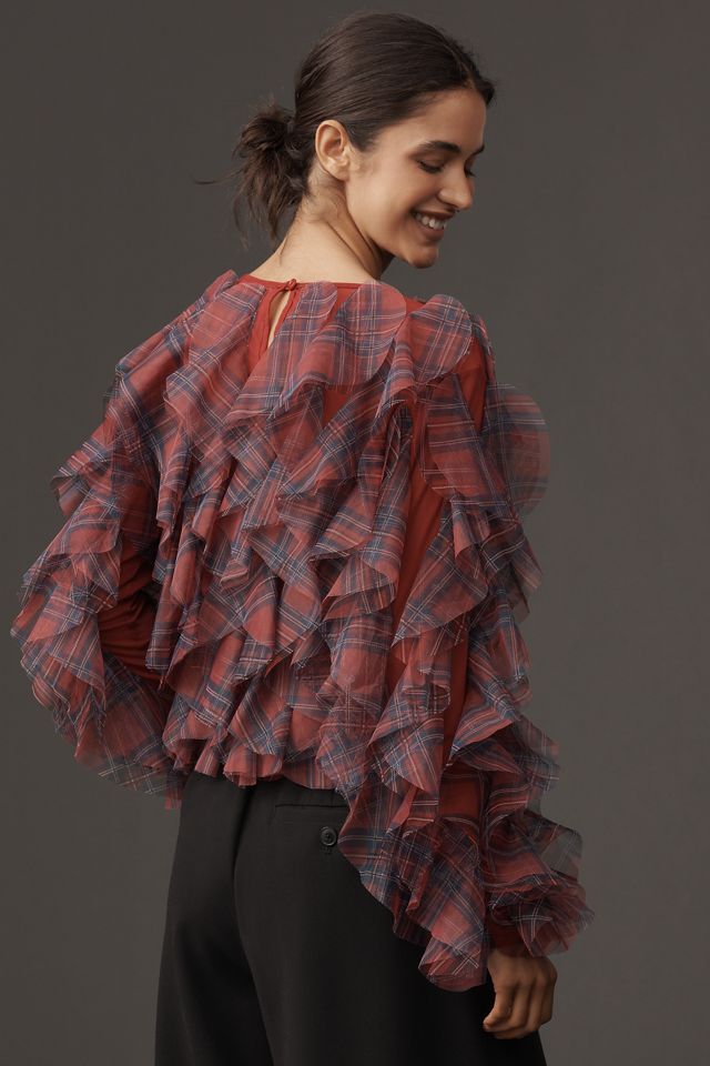 Dolan Left Coast Ruffle Plaid Crew-Neck Blouse #2