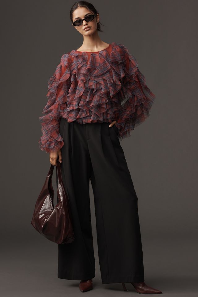 Dolan Left Coast Ruffle Plaid Crew-Neck Blouse #3