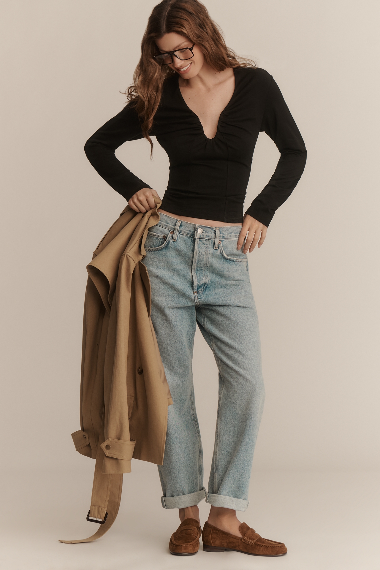 Dolan Ruched V-Neck Long-Sleeve Top