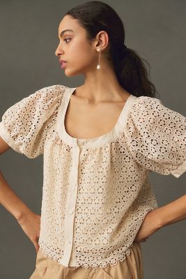 Shop Blue Tassel Puff-sleeve Lace Blouse In White