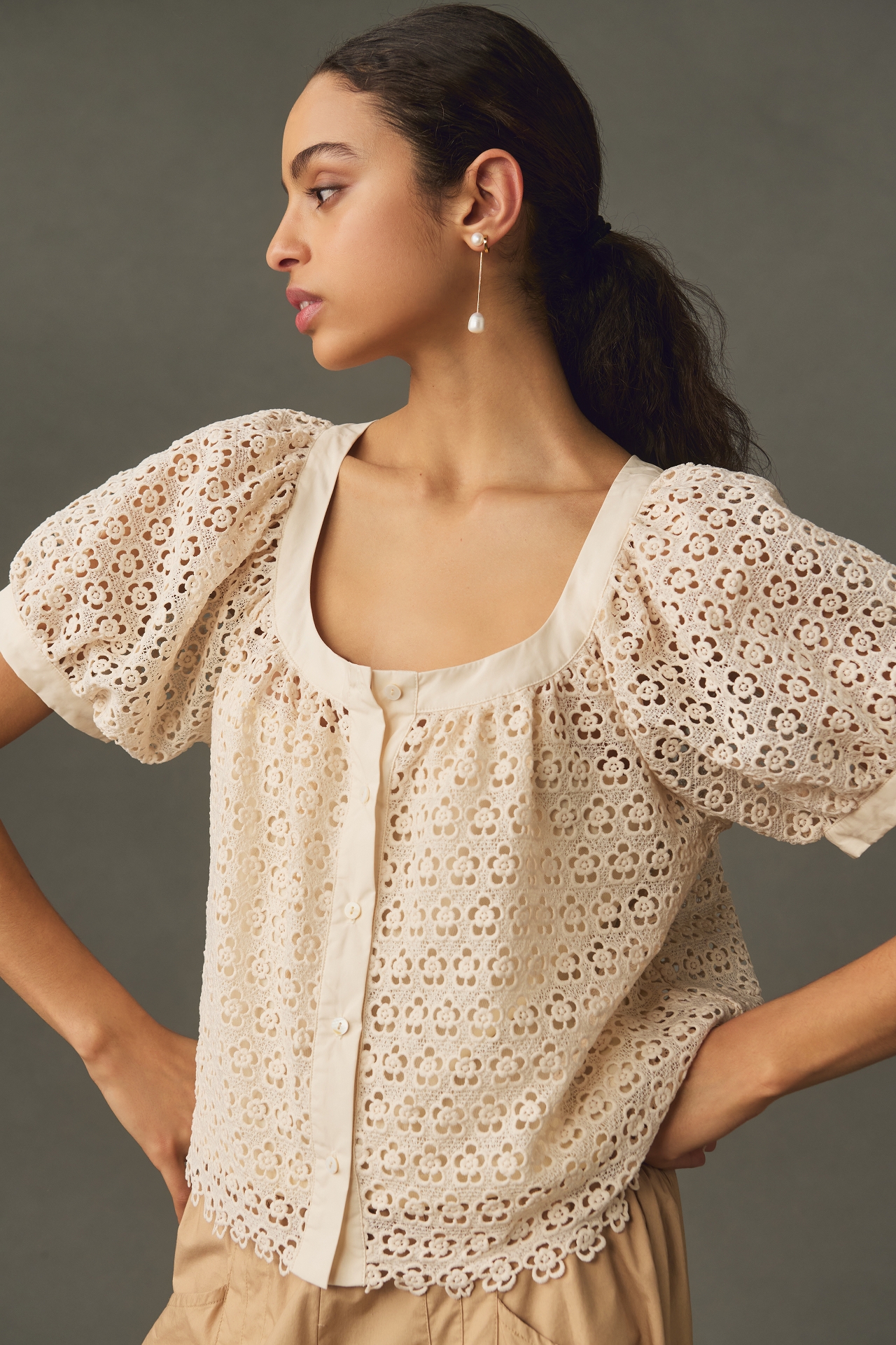 Blue Tassel Puff-Sleeve Lace Blouse