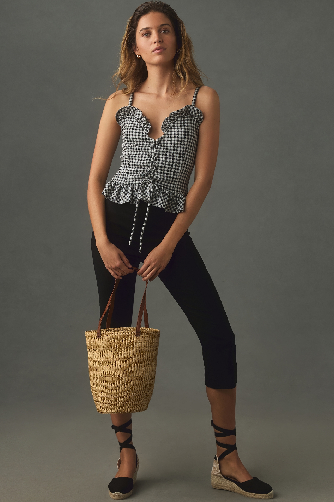 Blue Tassel Gingham Peplum Tank