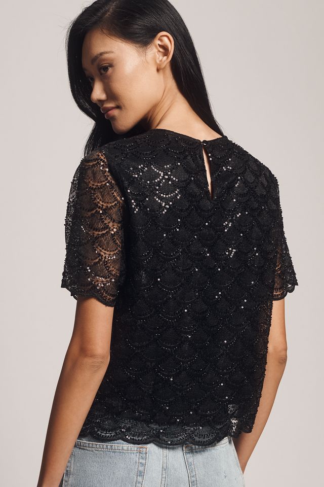 Blue Tassel Short-Sleeve Shimmered Lace Top #1