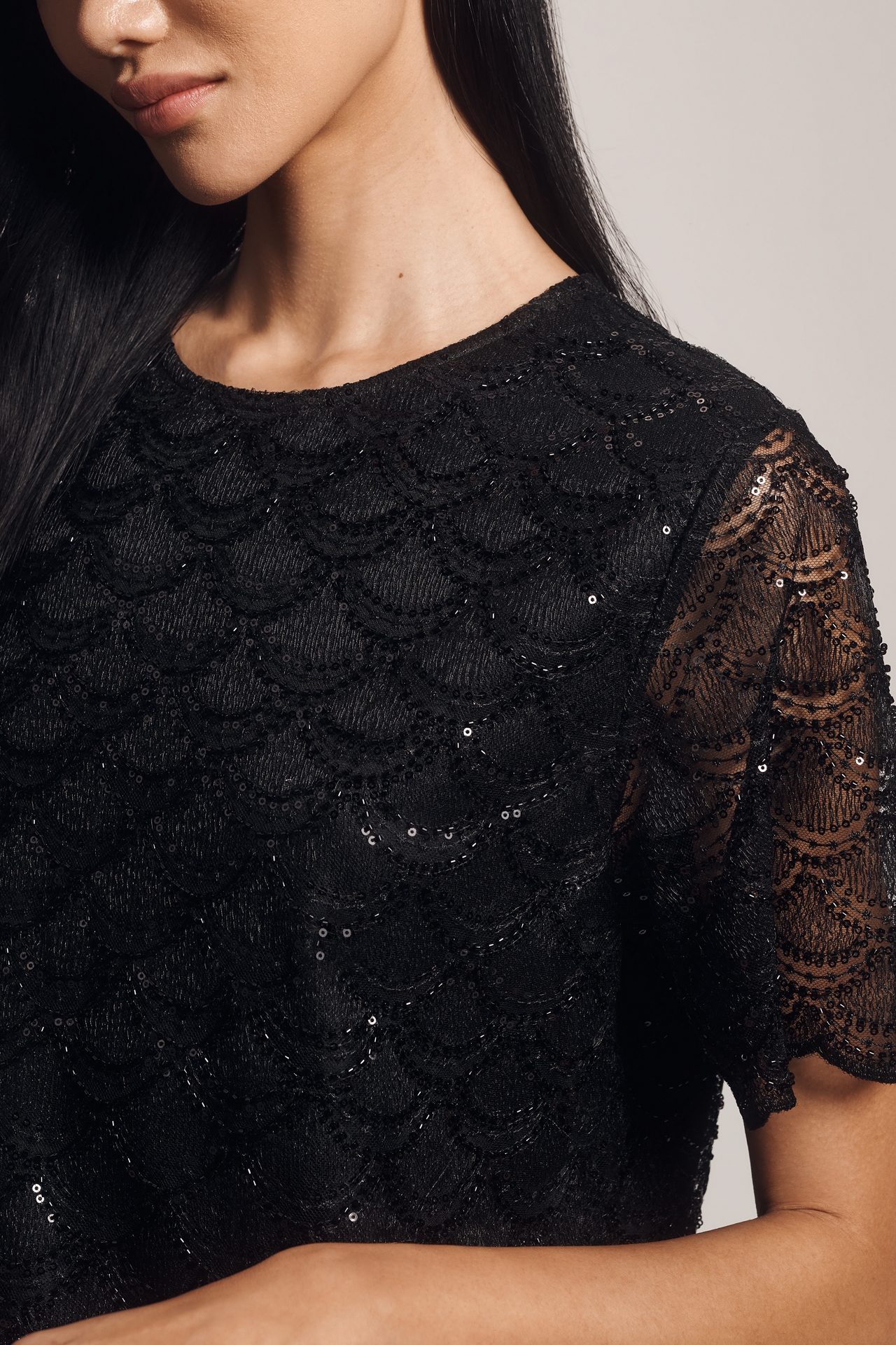 Blue Tassel Short-Sleeve Shimmered Lace Top