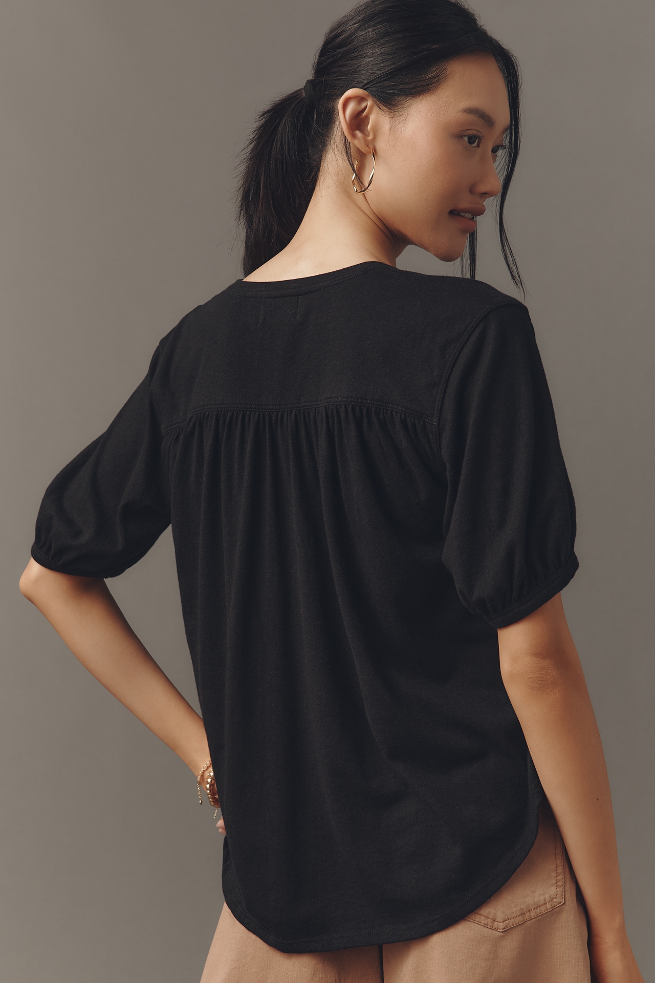 Nation Los Angeles Edie Shirred Elbow-Sleeve V-Neck Tee