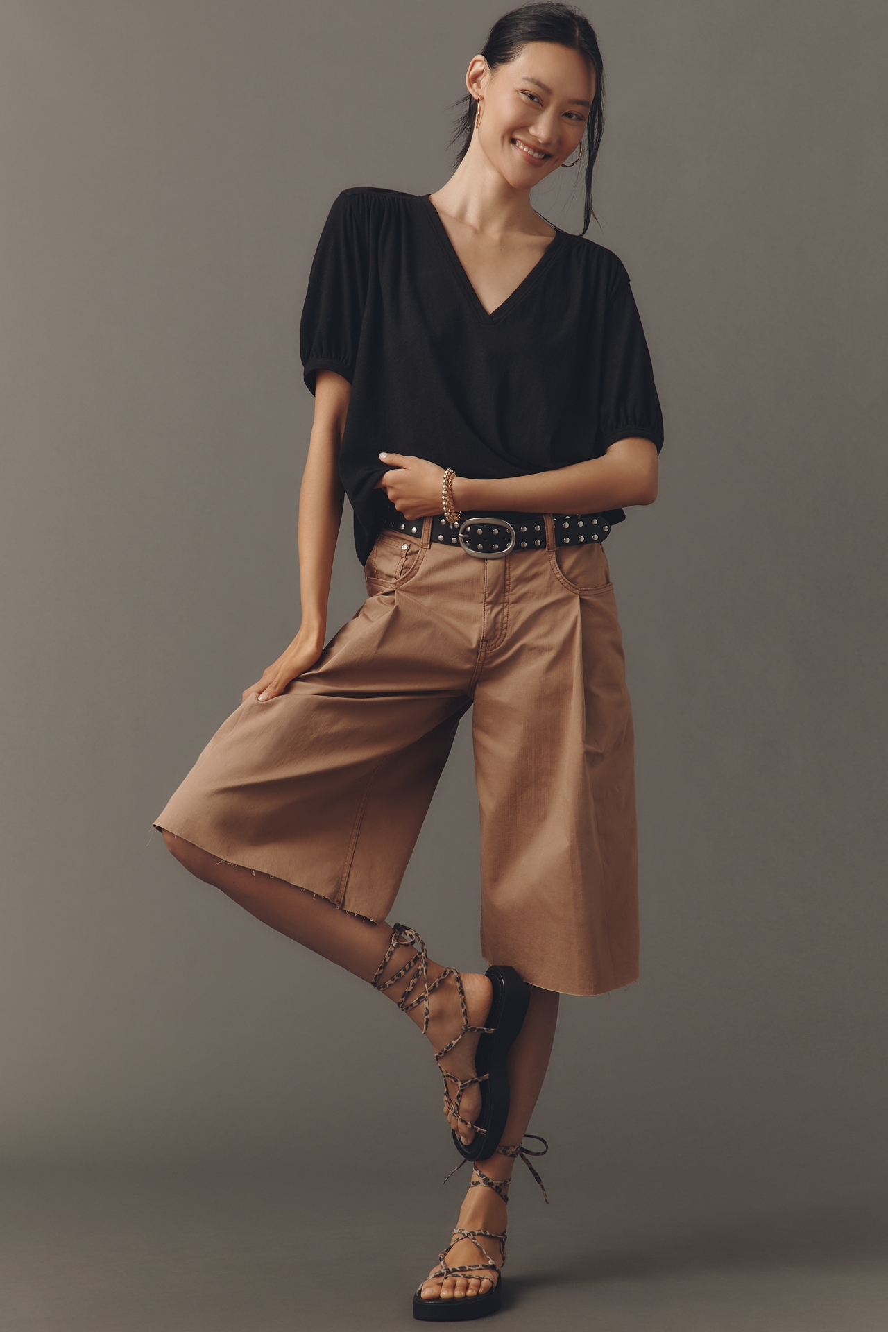 Nation Los Angeles Edie Shirred Elbow-Sleeve V-Neck Tee