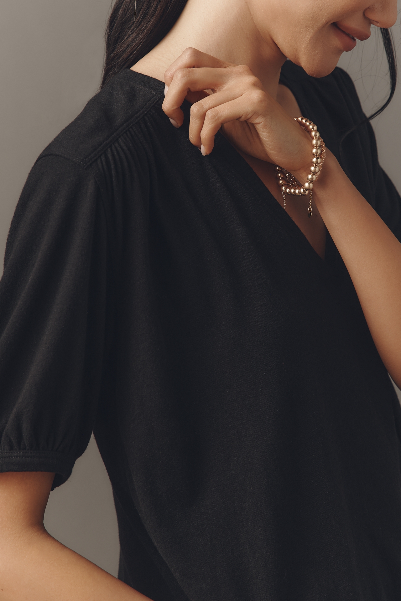 Nation Los Angeles Edie Shirred Elbow-Sleeve V-Neck Tee