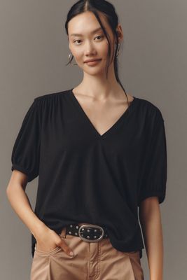 Nation Los Angeles Edie Shirred Elbow-Sleeve V-Neck Tee
