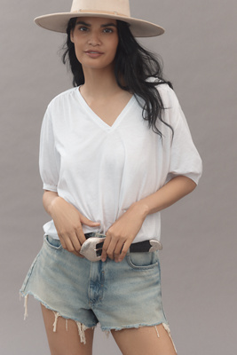 NATION LTD EDIE SHIRRED ELBOW-SLEEVE V-NECK TEE 