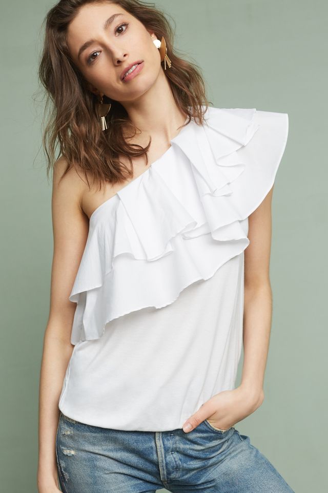 Ruffled One-Shoulder Poplin Top | Anthropologie