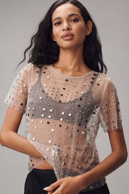 Sunday In Brooklyn Sheer Mesh Embellished Short-sleeve Top
