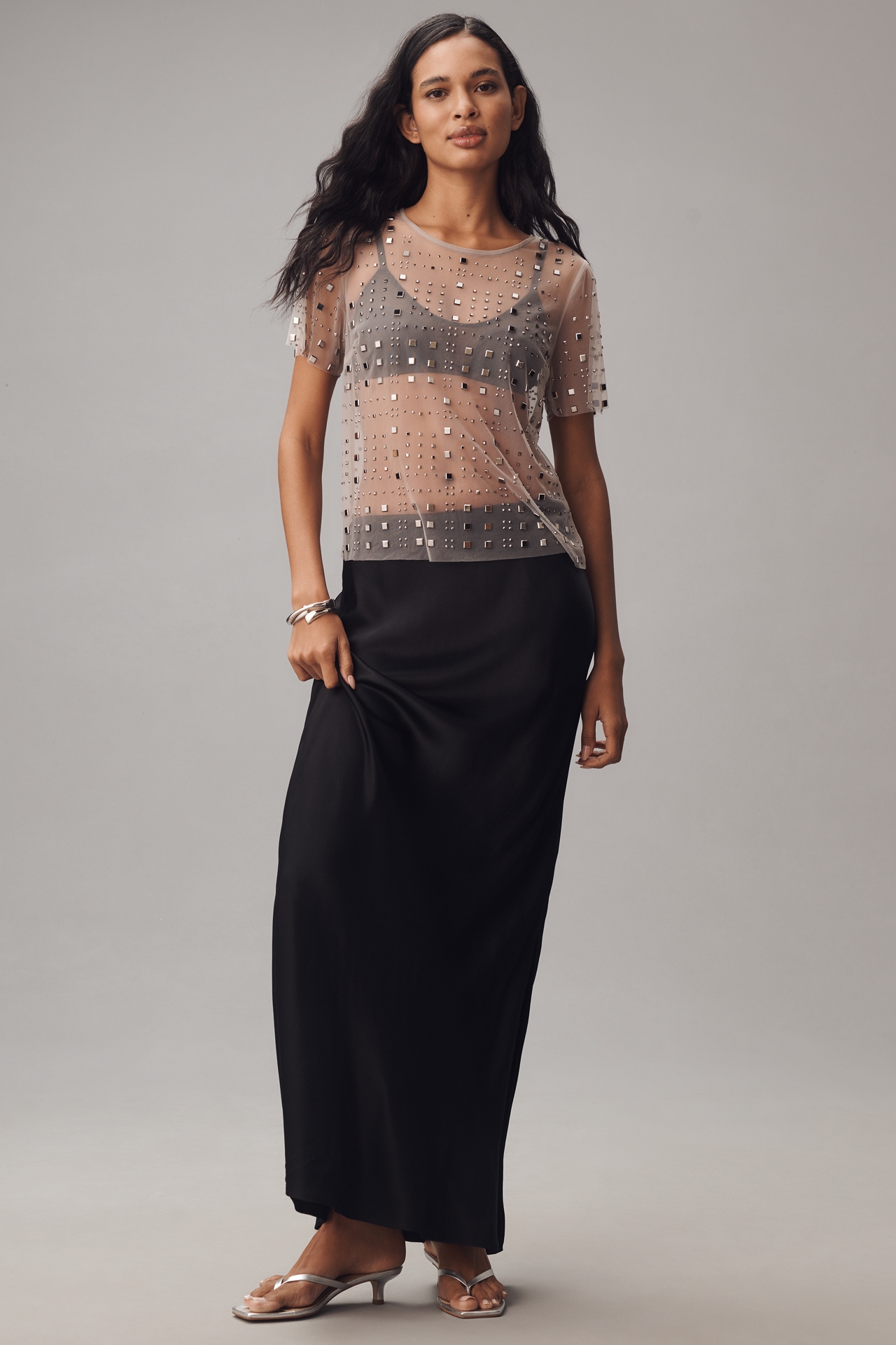 Sunday Brooklyn Sheer Mesh Embellished Short-Sleeve Top