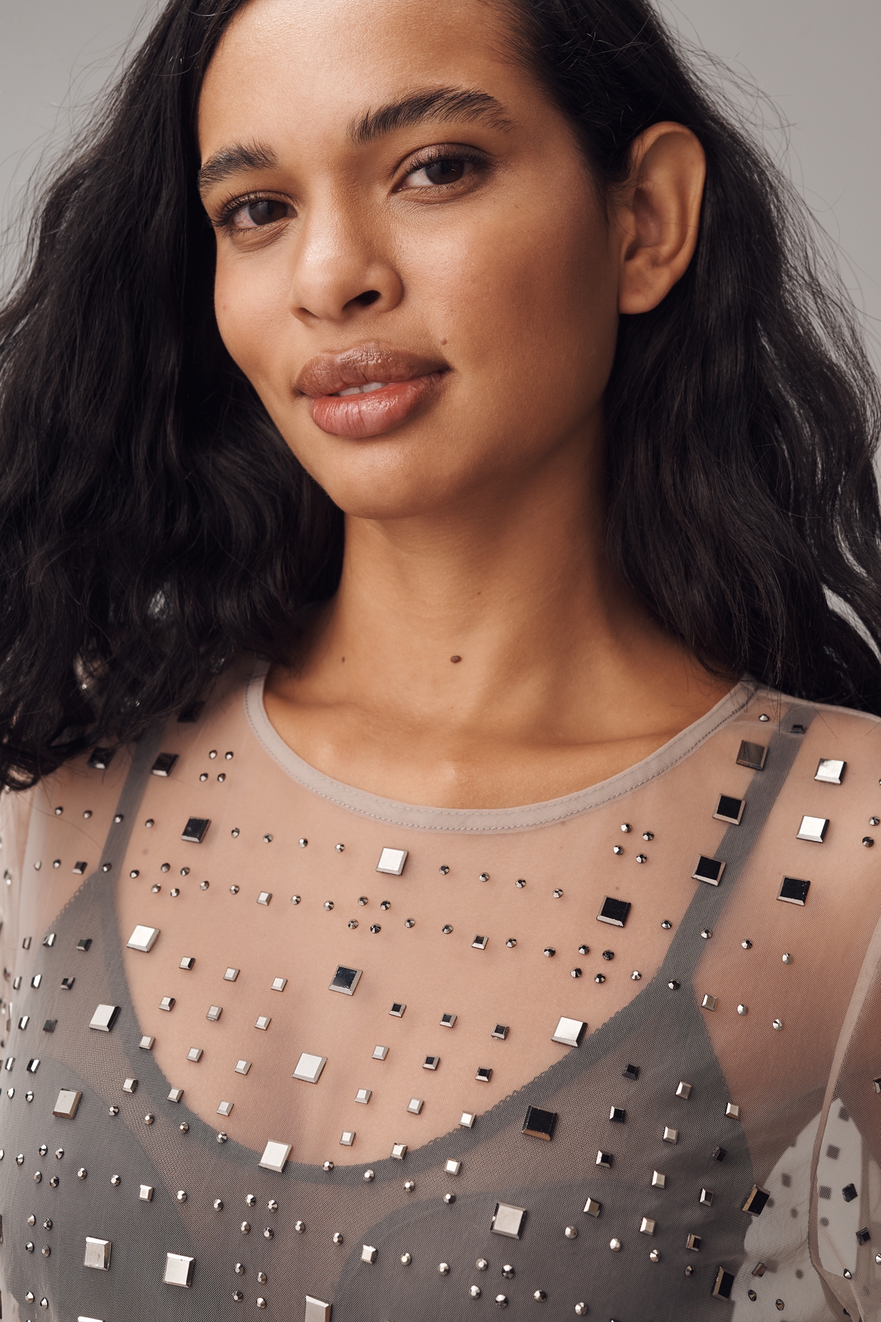 Sunday Brooklyn Sheer Mesh Embellished Short-Sleeve Top