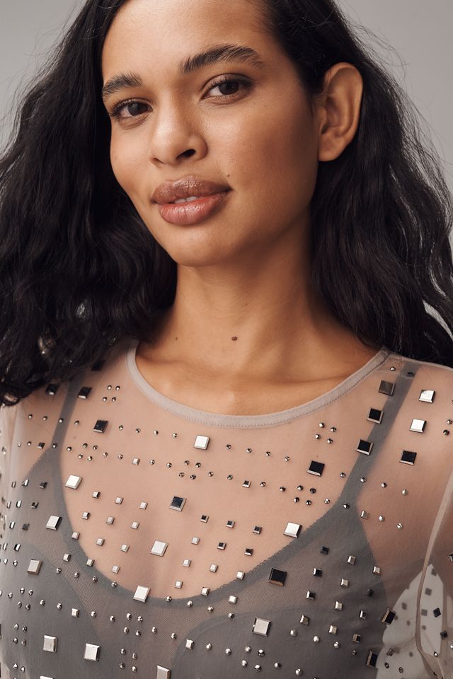 Sunday in Brooklyn Sheer Mesh Embellished Short-Sleeve Top #2