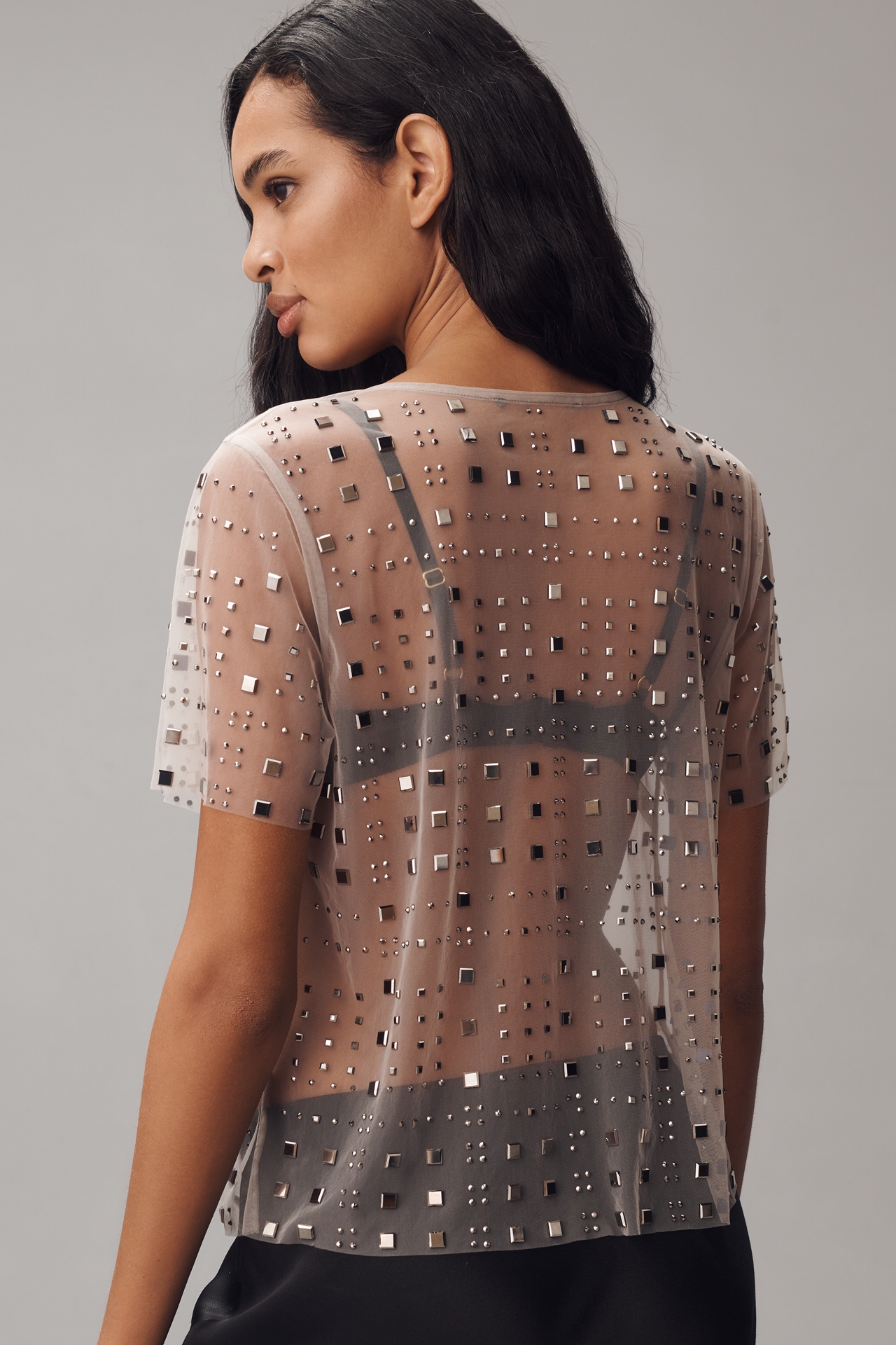 Sunday Brooklyn Sheer Mesh Embellished Short-Sleeve Top