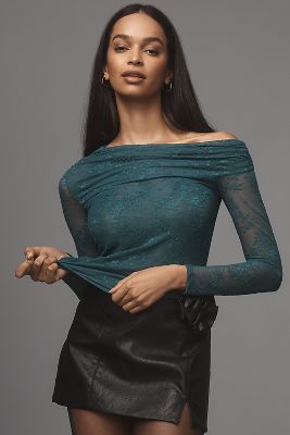 Shop Afrm Barry Lace Off-the-shoulder Top In Blue