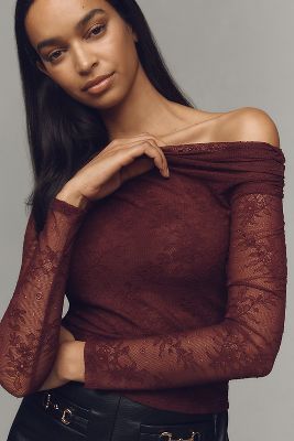 Shop Afrm Barry Lace Off-the-shoulder Top In Purple