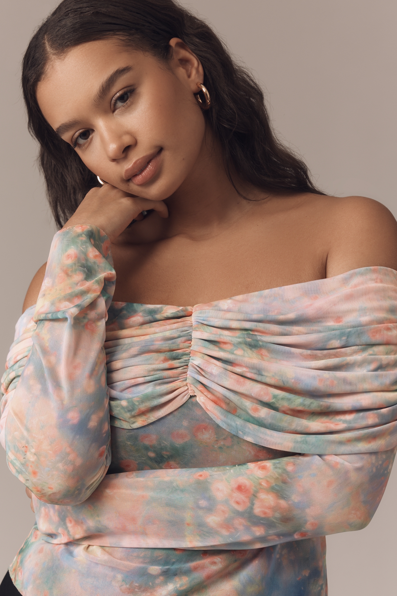 AFRM Power Mesh Off-The-Shoulder Ruched Top