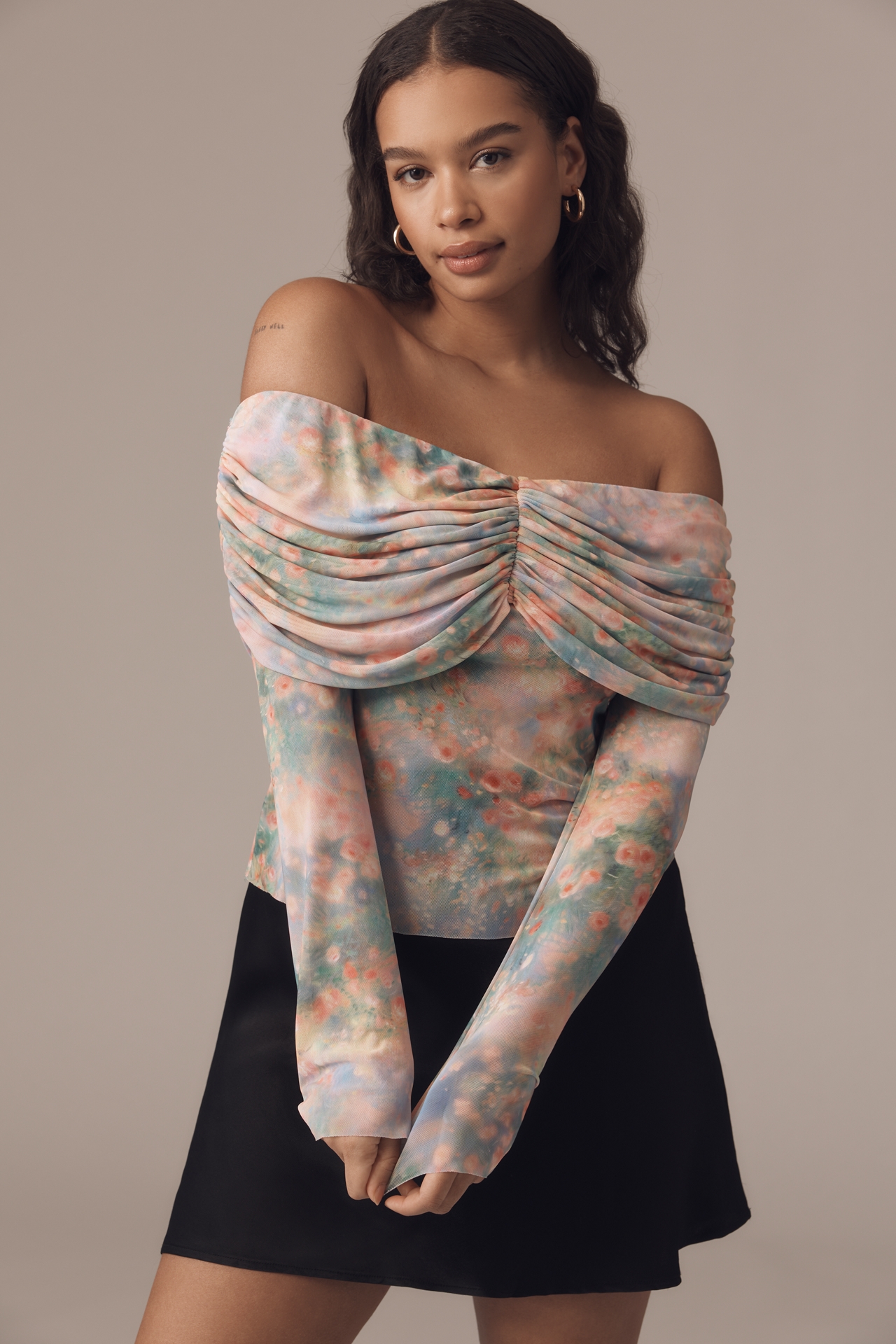 AFRM Power Mesh Off-The-Shoulder Ruched Top