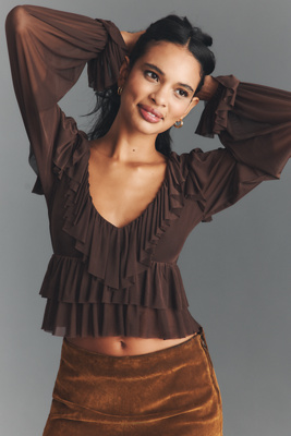 Afrm Addison Power Mesh Ruffle Blouse In Brown
