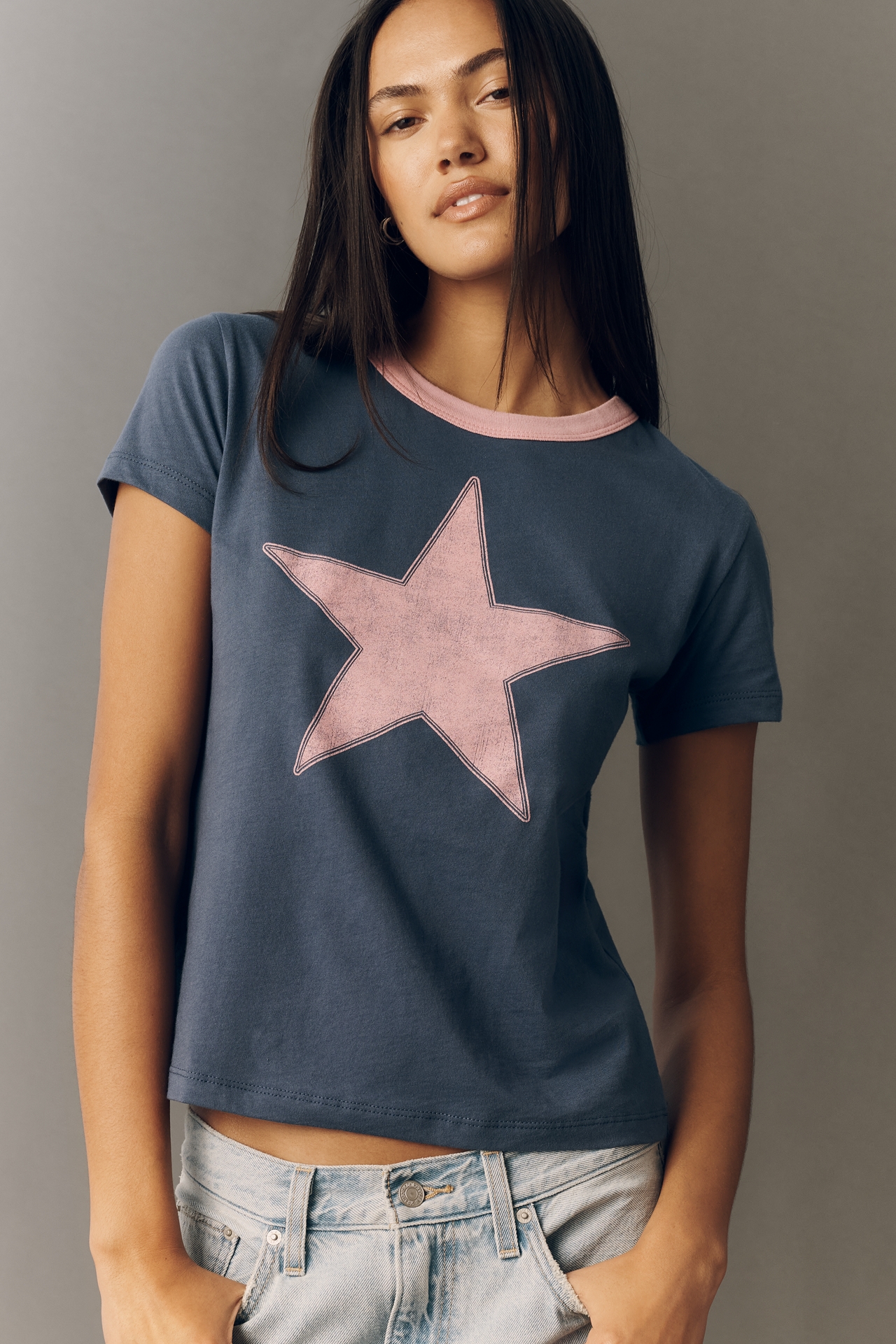 Letluv Star Short-Sleeve Ringer Crew-Neck Tee