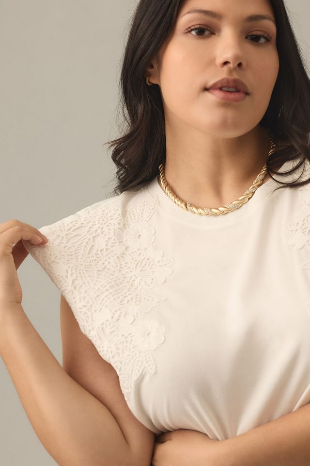 By Anthropologie Lace Appliqué Muscle Tee #6