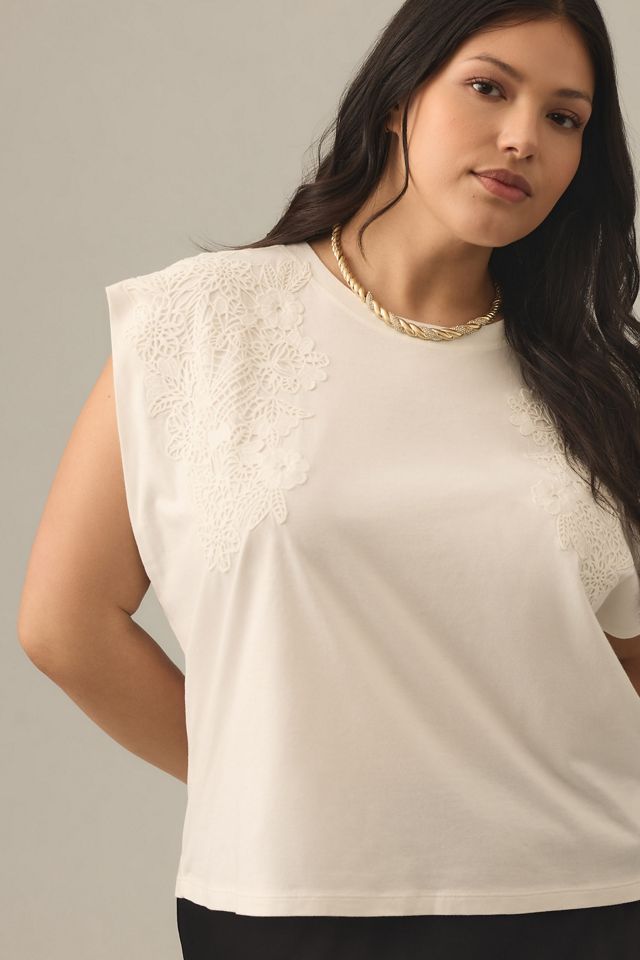 By Anthropologie Lace Appliqué Muscle Tee #3