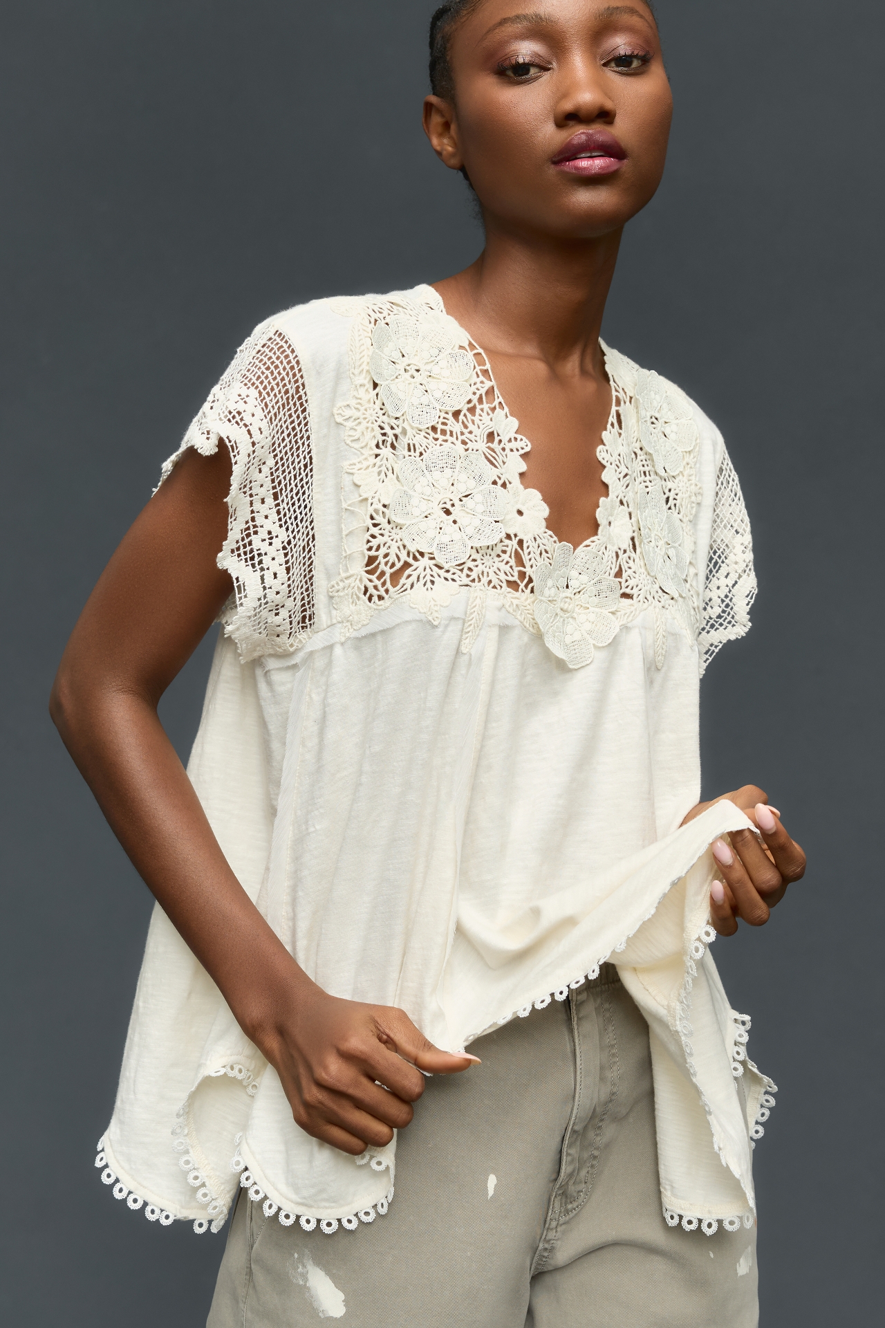 By Anthropologie V-Neck Lace Swing Top