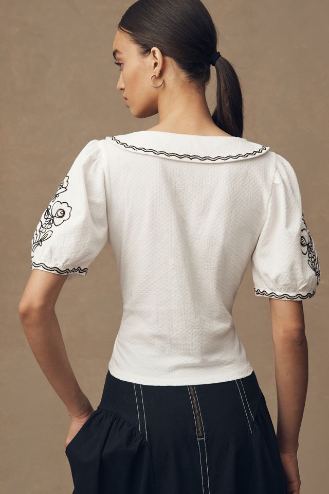 By Anthropologie Embroidered Button-Front Collared Blouse