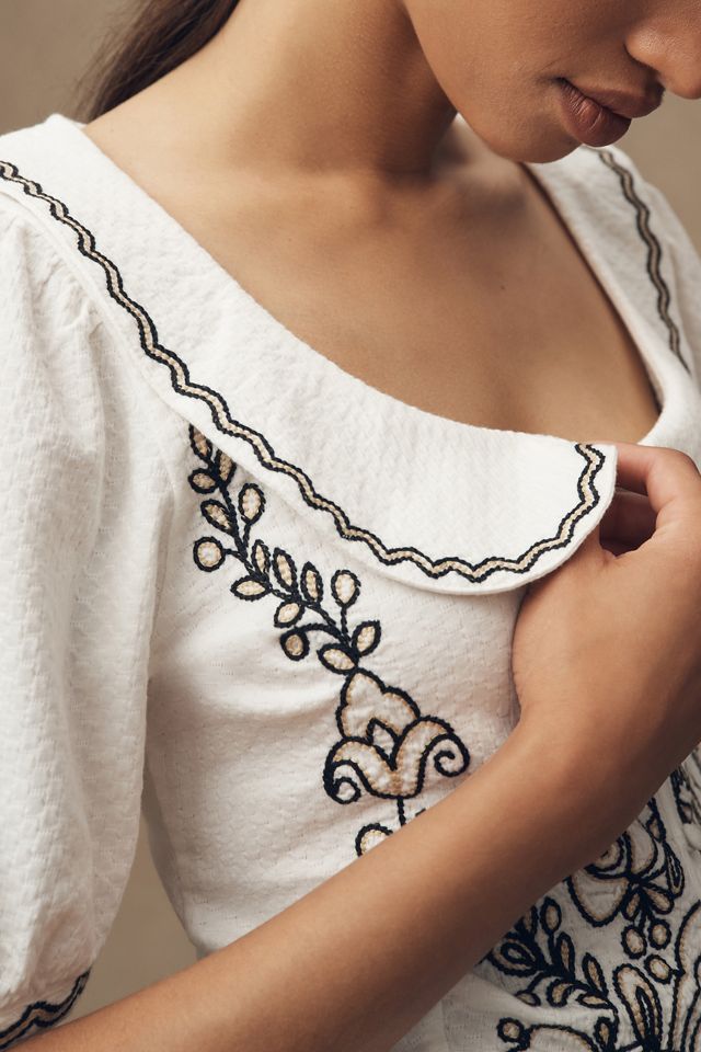By Anthropologie Embroidered Button-Front Collared Blouse #3