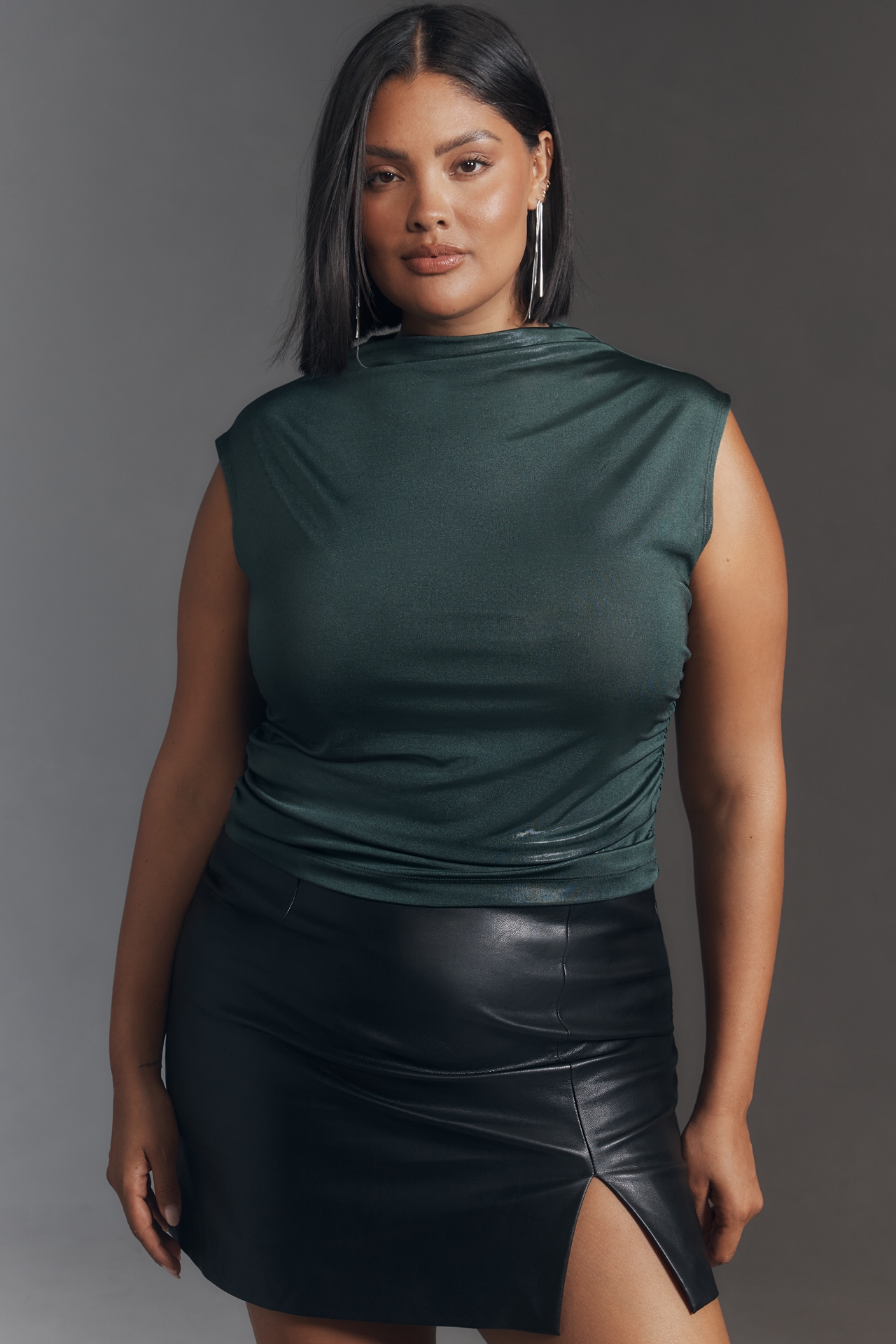 Maeve Mock-Neck Ruched Shine Tank